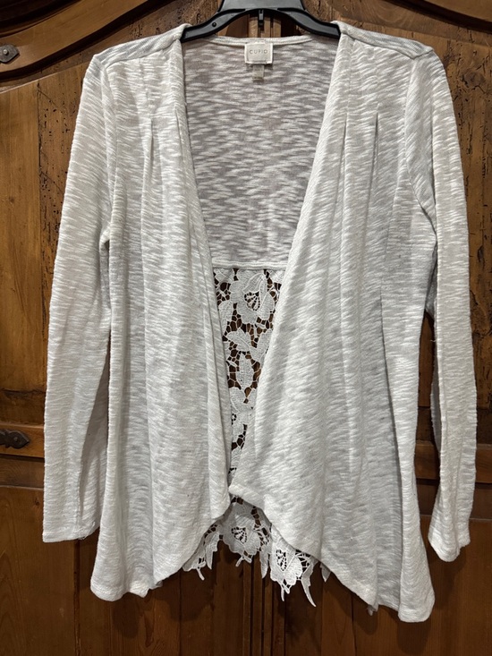 Cupio Sweaters - Cupio Light Gray Draped Open Cardigan with Lace Back